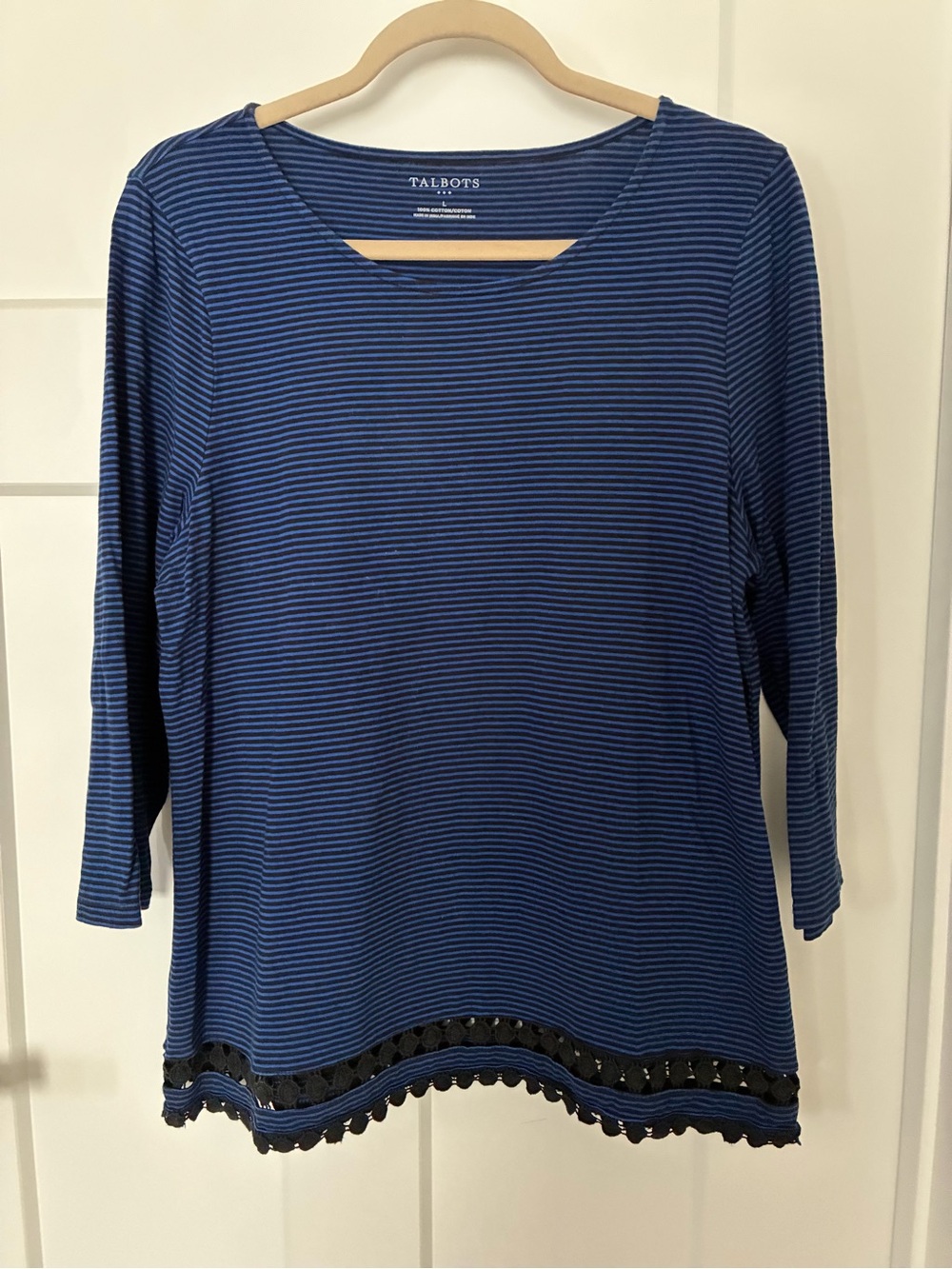 Talbots Navy and Royal Blue Striped Long Sleeve Top with Lace Hem